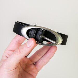 y2k oval buckle black leather belt — 2000s minimal style